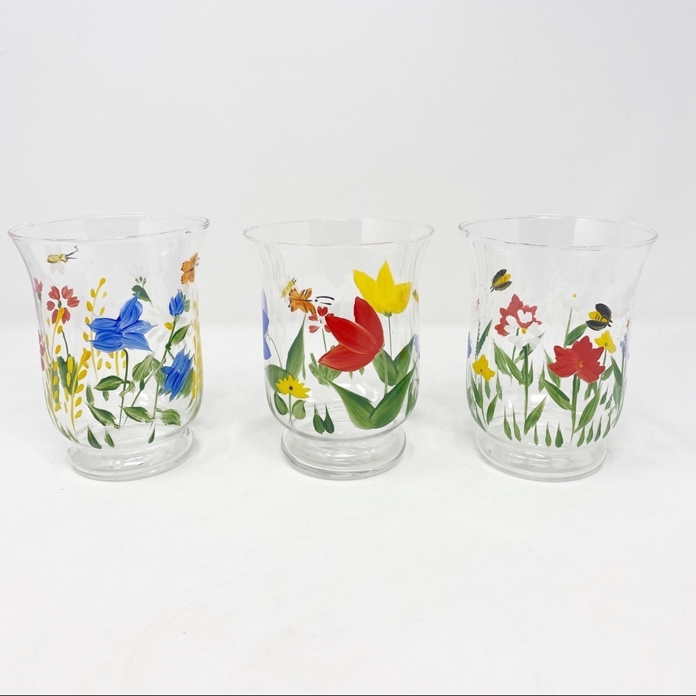 HALLMARK 3 Hand Painted Floral Candle Holders
